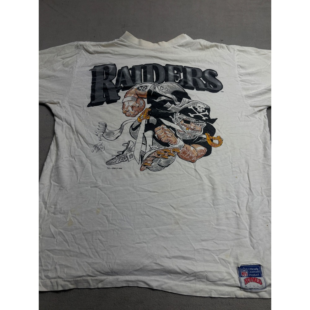 Vintage 1988 Nutmeg Mills LA Raiders T-Shirt Jack Davis Graphic White Large